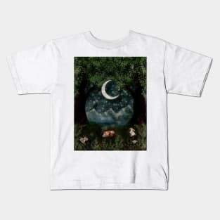 Enchanted Forest Oil Painting Mountains Mushrooms White Rabbit and Sleeping FOx Kids T-Shirt